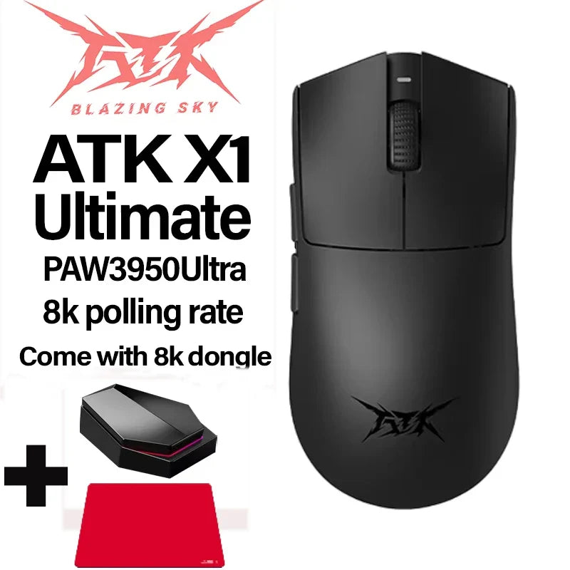 NEW ATK X1 Ultimate Wireless Gaming Mouse — PAW3950 Ultra, 8K Polling Rate, 2.4G, 0.3ms, 500mAh, 750IPS, 42,000 DPI for PC & Laptop