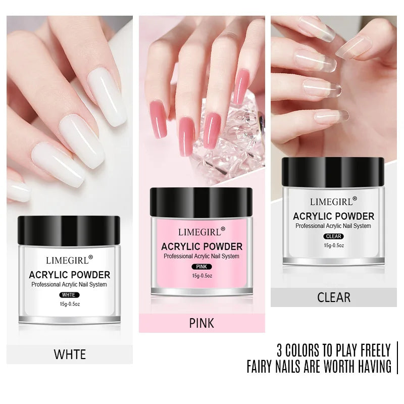 40ml Crystal Liquid & 45ml Acrylic Powder Set – Pink, White, Transparent Acrylic Powder Kit for Beginners Nail Art