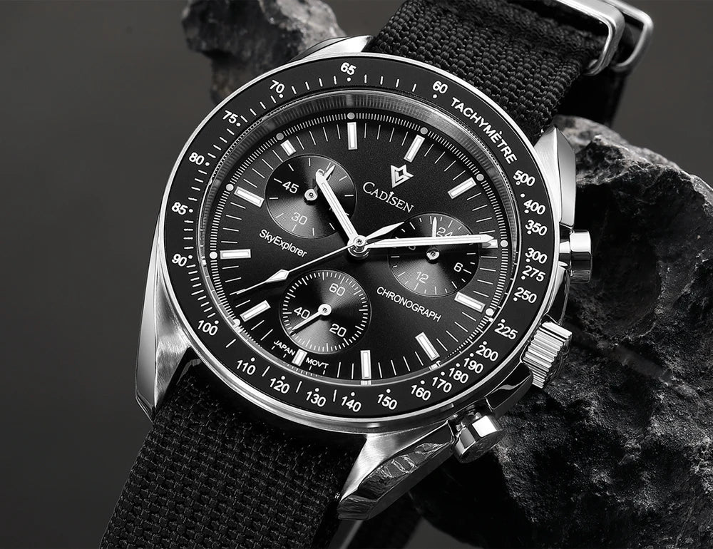 CADISEN Men's Luxury Watch – Quartz VK68 Chronograph, Sapphire AR Crystal, Canvas Strap Speed Style Wristwatch
