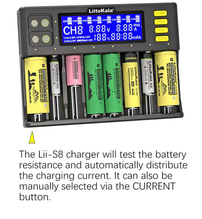 LiitoKala Lii-S8 Lii-S12 CH4 Multi-Function Battery Charger – 18650, 26650, 21700, 26700, AA, AAA Li-ion, NiMH, LiFePO4 Compatible