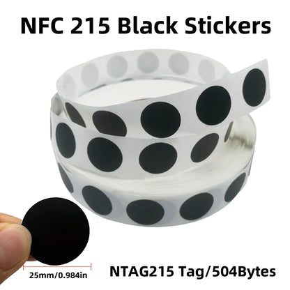 10/50/100PCS RFID NFC NTAG215 Black Sticker Tags – 13.56MHz Adhesive Labels 25MM 504Bytes for Personal Automation
