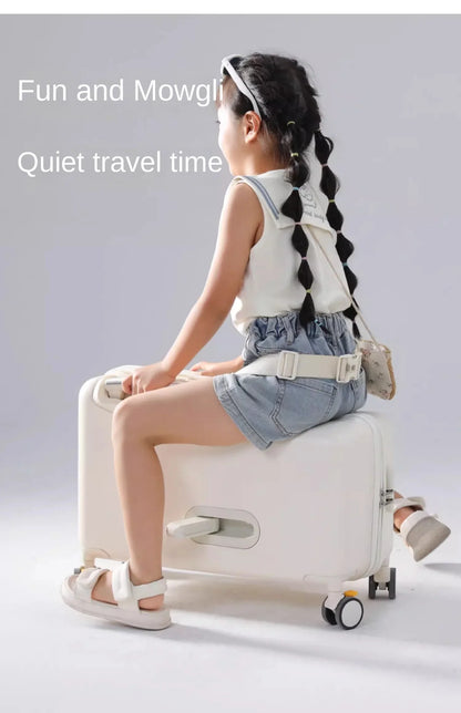 18-Inch Foldable Kids Suitcase with Seat – Lightweight PC Luggage for Boys & Girls, Compact Travel Pedal Boarding Case