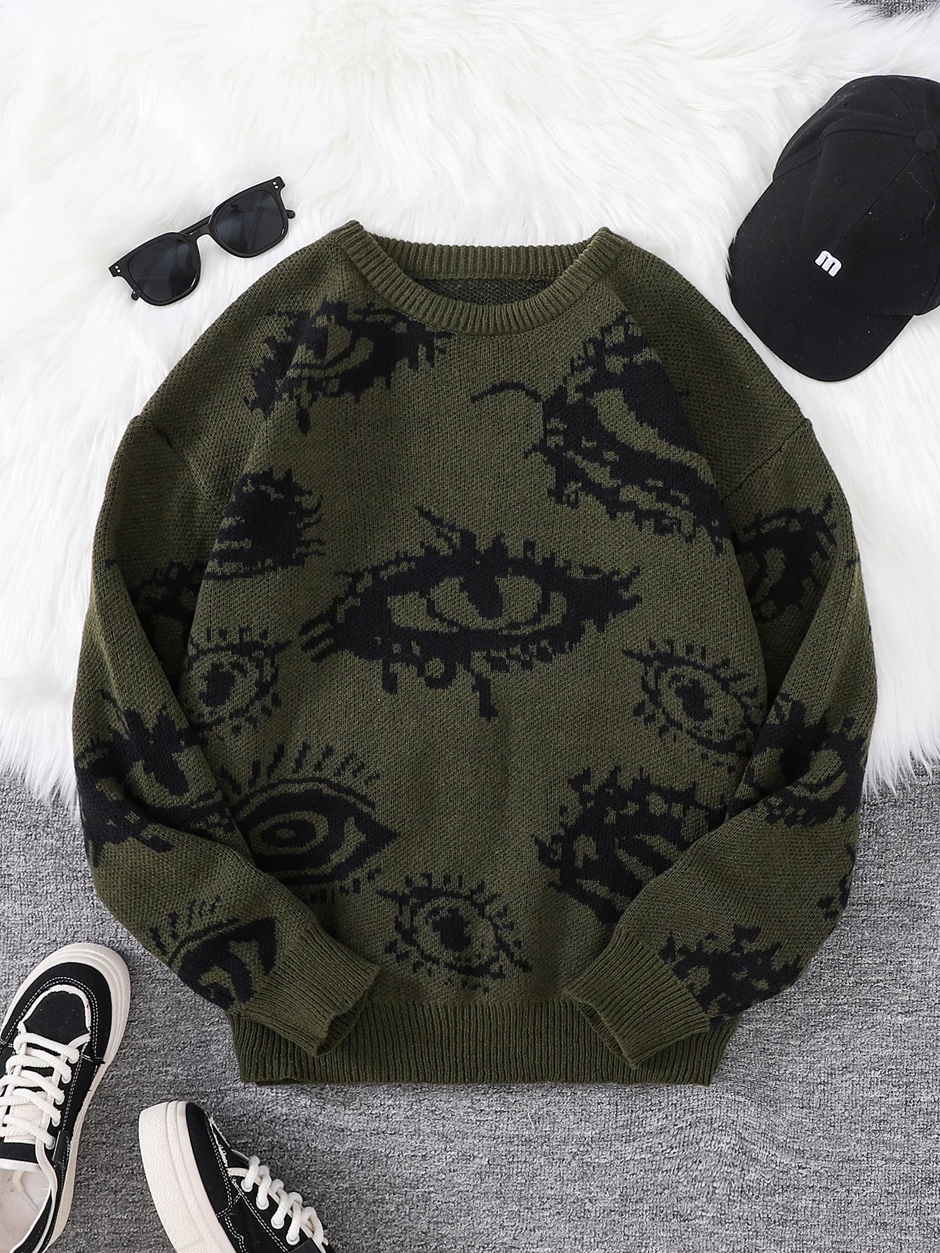 Men's Abstract Eye Jacquard Sweater - Round Neck Knitted Autumn Winter Casual Pullover Top