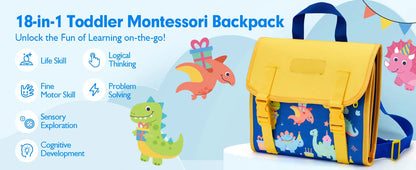 Toddler Montessori Busy Board – Dinosaur Dress-Up, Learning & Sensory Activities, Travel Toy & Life Skills Backpack