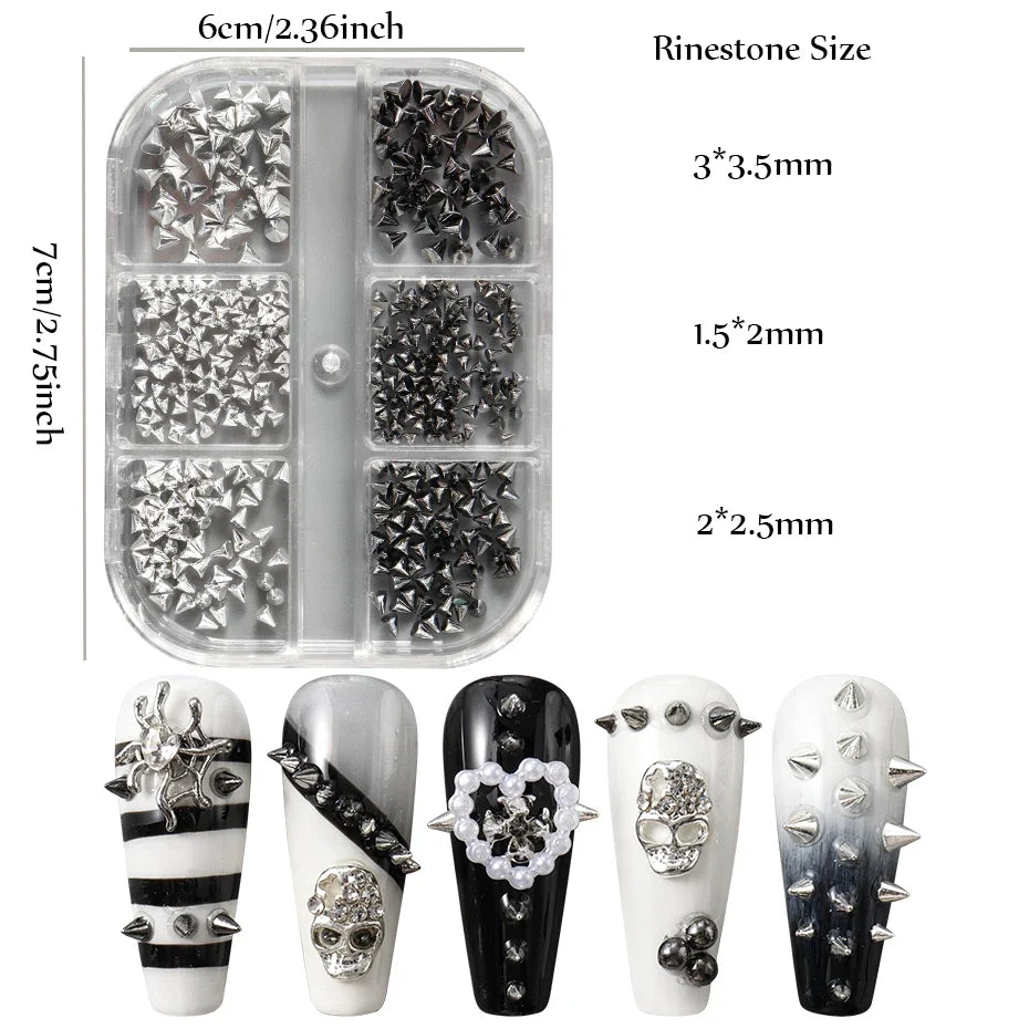 Metallic Rivet Nail Charms - 6-Grid Gold, Silver & Black Punk Spike Studs for Nail Art & DIY Designs