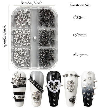 Metallic Rivet Nail Charms - 6-Grid Gold, Silver & Black Punk Spike Studs for Nail Art & DIY Designs