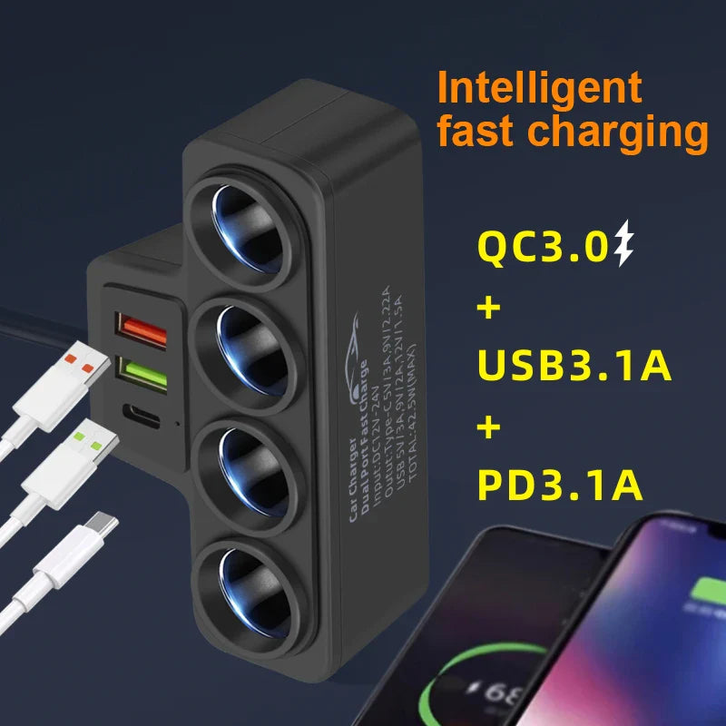 120W High Power Car Charger - USB-C and 4 Port Converter, Supports Apple, Samsung, Xiaomi, Huawei