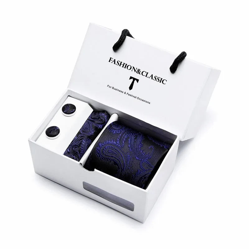 Black Paisley Tie Set - Men's Necktie, Pocket Square & Cufflinks Gift Box for Weddings & Formal Wear