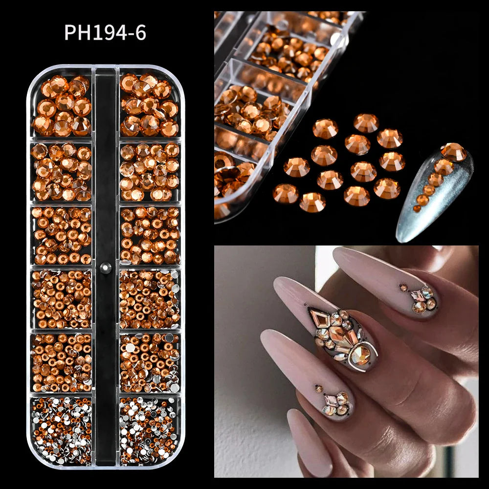 12-Grid 3D Glass AB Crystal Nail Art Rhinestones Kit – Flatback Round Beads with Tools for Nail Jewelry & Diamond Decoration