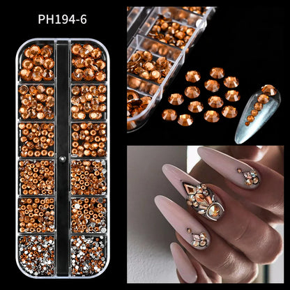 12-Grid 3D Glass AB Crystal Nail Art Rhinestones Kit – Flatback Round Beads with Tools for Nail Jewelry & Diamond Decoration