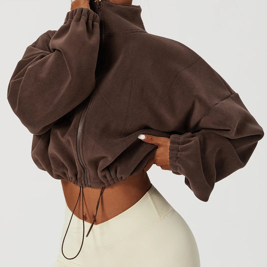 Women's Polar Fleece Zip Hoodie — Athletic Loose-Fit Crop Top with Stand Collar, Thumb Holes & Drawstring Hem for Fall/Winter