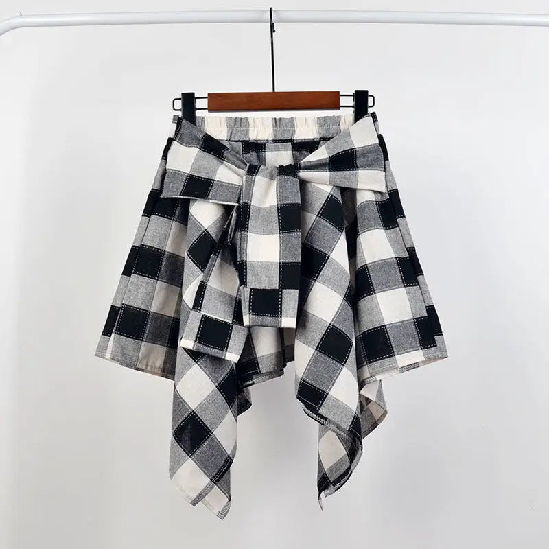 Summer Casual Retro Women’s Mini A-Line Skirt – Blue White Lattice Bow-Knot Elastic Waist Short Skirt