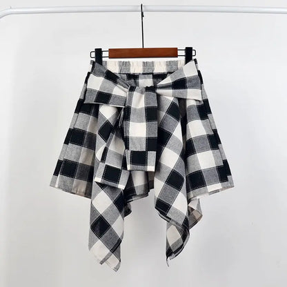Summer Casual Retro Women’s Mini A-Line Skirt – Blue White Lattice Bow-Knot Elastic Waist Short Skirt