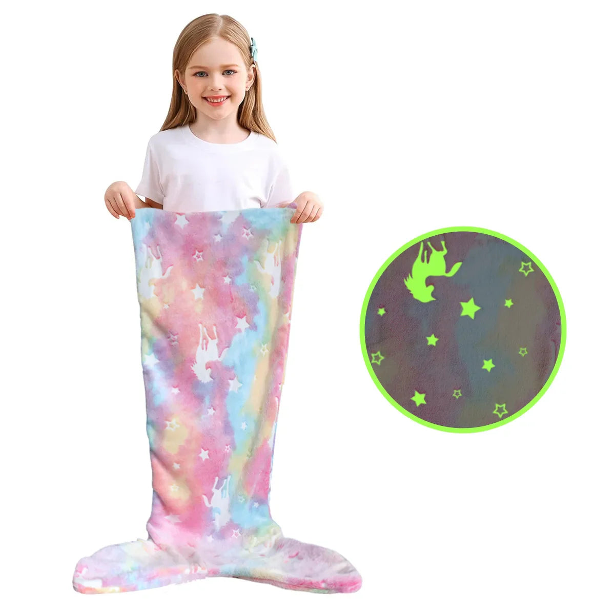 Cartoon Rainbow Unicorn Mermaid Tail Blanket — Super Soft Glow-in-the-Dark Flannel Blanket, Perfect Gift for Girls