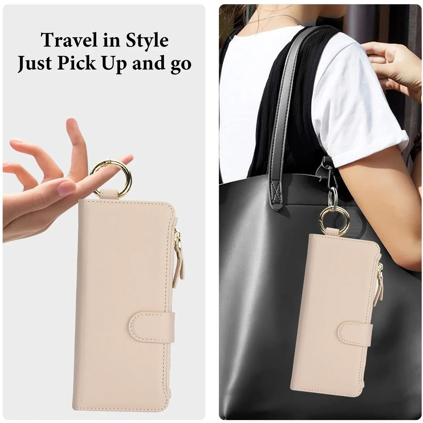 Crossbody Leather Wallet Case with Card Slots, Zipper & Kickstand for Samsung Galaxy Z Fold 3/4/5/6 – Wristband & Ring Holder