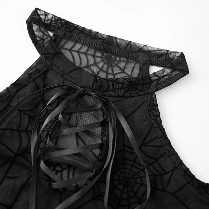 Halloween Women's Bodysuit — Long Sleeve Cold Shoulder Spider Web Romper, Sheer Clubwear Top