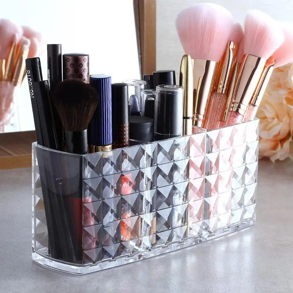 3-Slot Acrylic Makeup Organizer - Transparent Cosmetic Brush, Lipstick & Pencil Holder