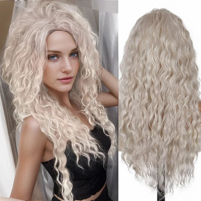 Ash Blonde Synthetic Wig – 26" Long Curly Ombre Hair, Fluffy Wave Wig for Women, Costume & Party Wig