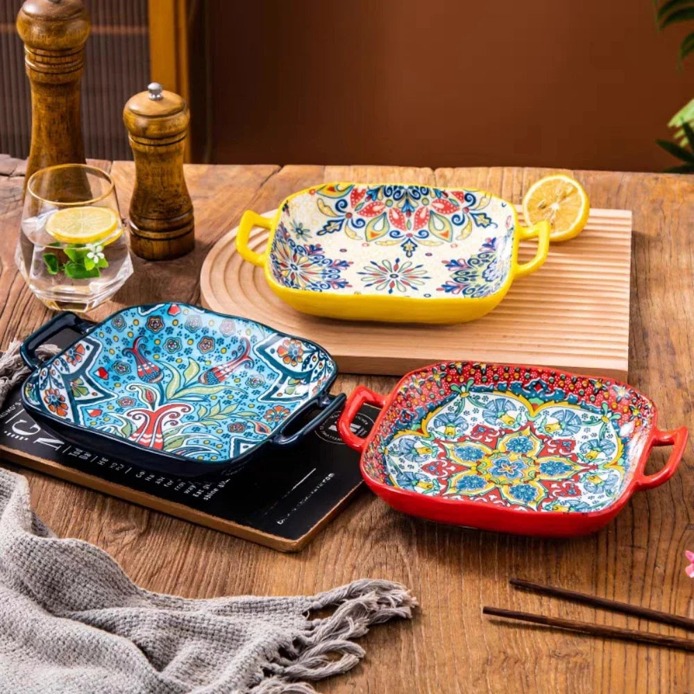9-Inch Bohemian Style Ceramic Salad Plate with Double Ears — Oven & Microwave Safe Pasta Dish