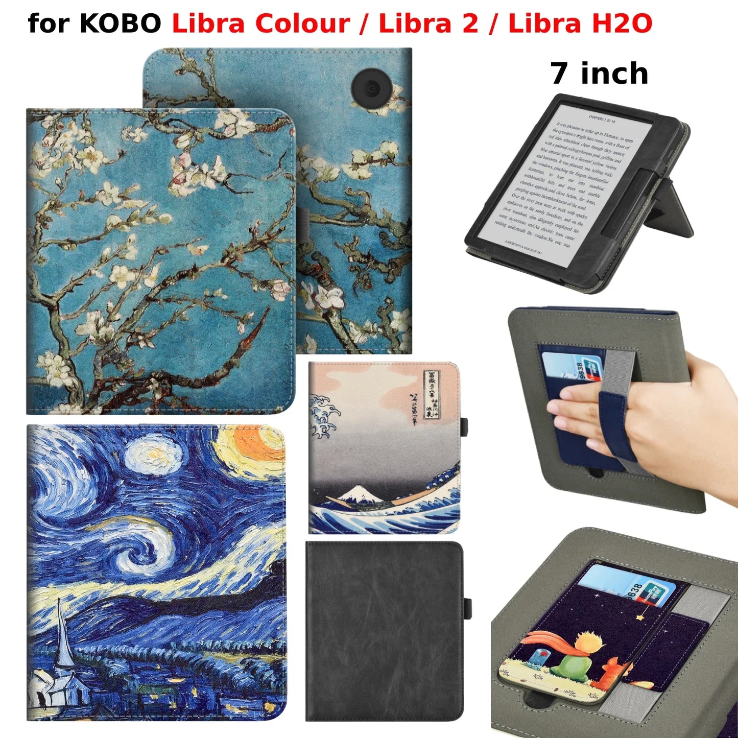 KOBO Libra 7" Leather Case – Hand Strap, Stand & Card Slot Cover for Libra Colour, Libra 2, Libra H2O (N428/N418/N873)