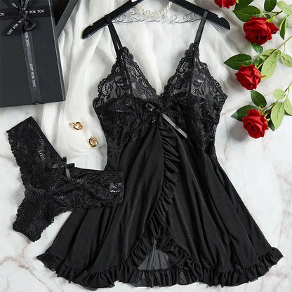 Women’s Lingerie Set — Plus Size Lace Nightgown, Thong & Suspender Sexy Sleepwear