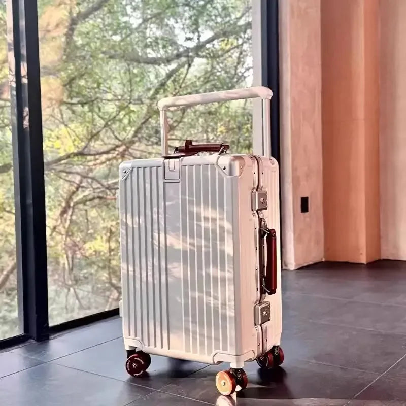 Aluminum Frame Rolling Luggage — Wide Handlebar Trolley Suitcase with Colorful Silent Spinner Wheels, TSA Lock & Large Capacity