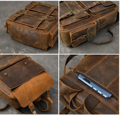 Vintage Crazy Horse Leather Backpack for Men — 17" Laptop Travel Rucksack Cowhide Hiking Bag M815