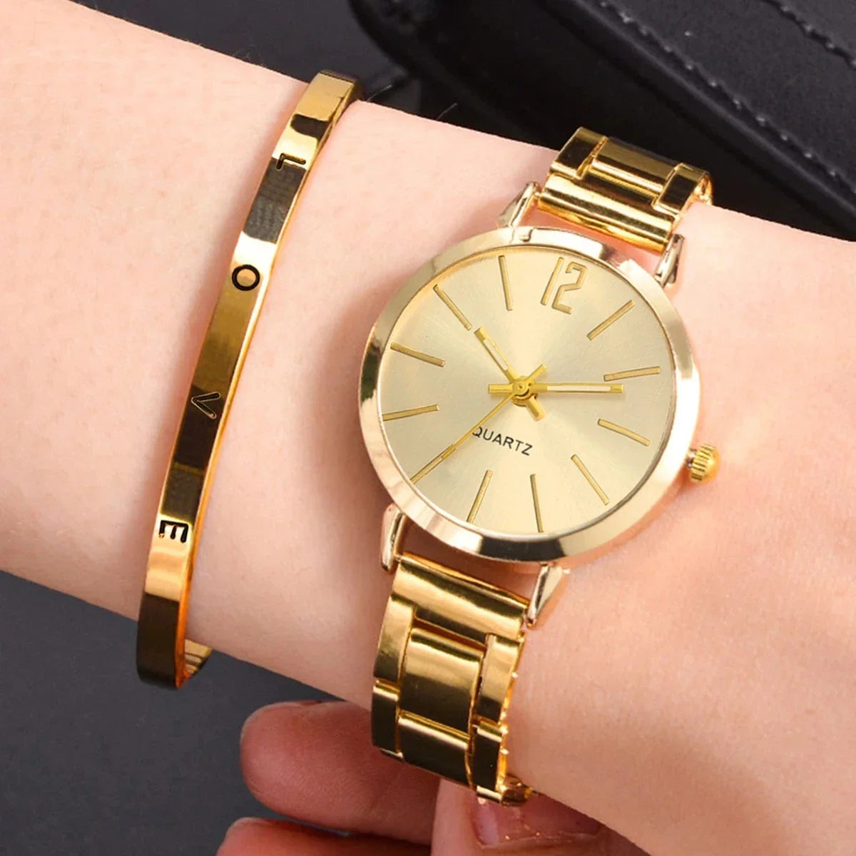 2PCS Set Luxury Women's Watches – Simple Dial, Hollow Strap Gold Bracelet Quartz Wristwatch for Students & Ladies
