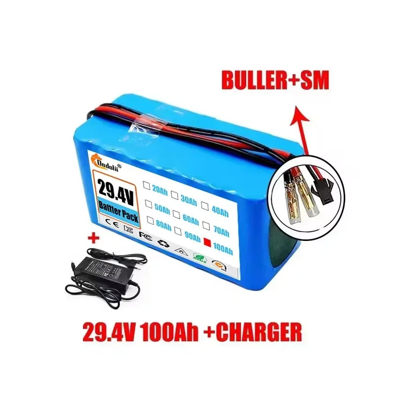 29.4V 100Ah 7S3P 18650 Lithium-Ion Battery Pack — Suitable for 24V–29.4V Motors with 2A Charger