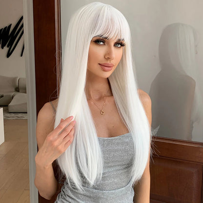 LOUIS FERRE Straight White Synthetic Wig – Long Natural Hair Wig with Bangs, Heat Resistant, Daily Wear for White Women