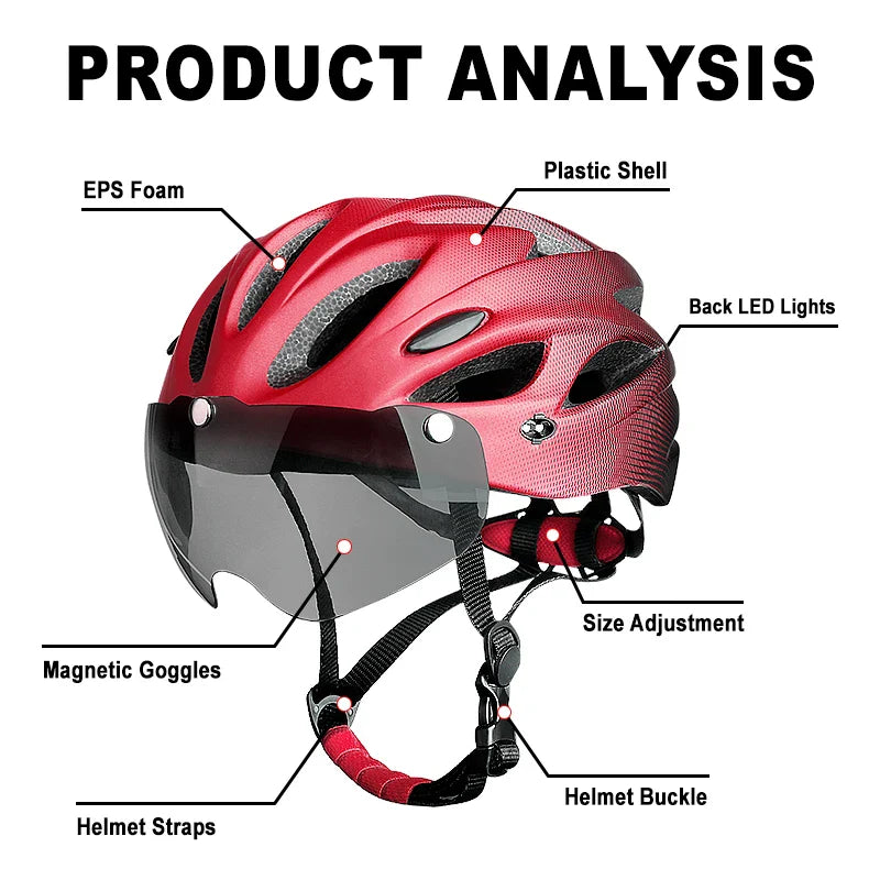 X-TIGER Cycling Helmet – Ultralight MTB Bike Helmet with LED Lights, Integrally-Molded Sports Safety Hat & Goggles Visor