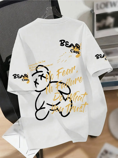 Men's Cartoon Bear Print T-Shirt - Breathable Round Neck Casual Summer Tee