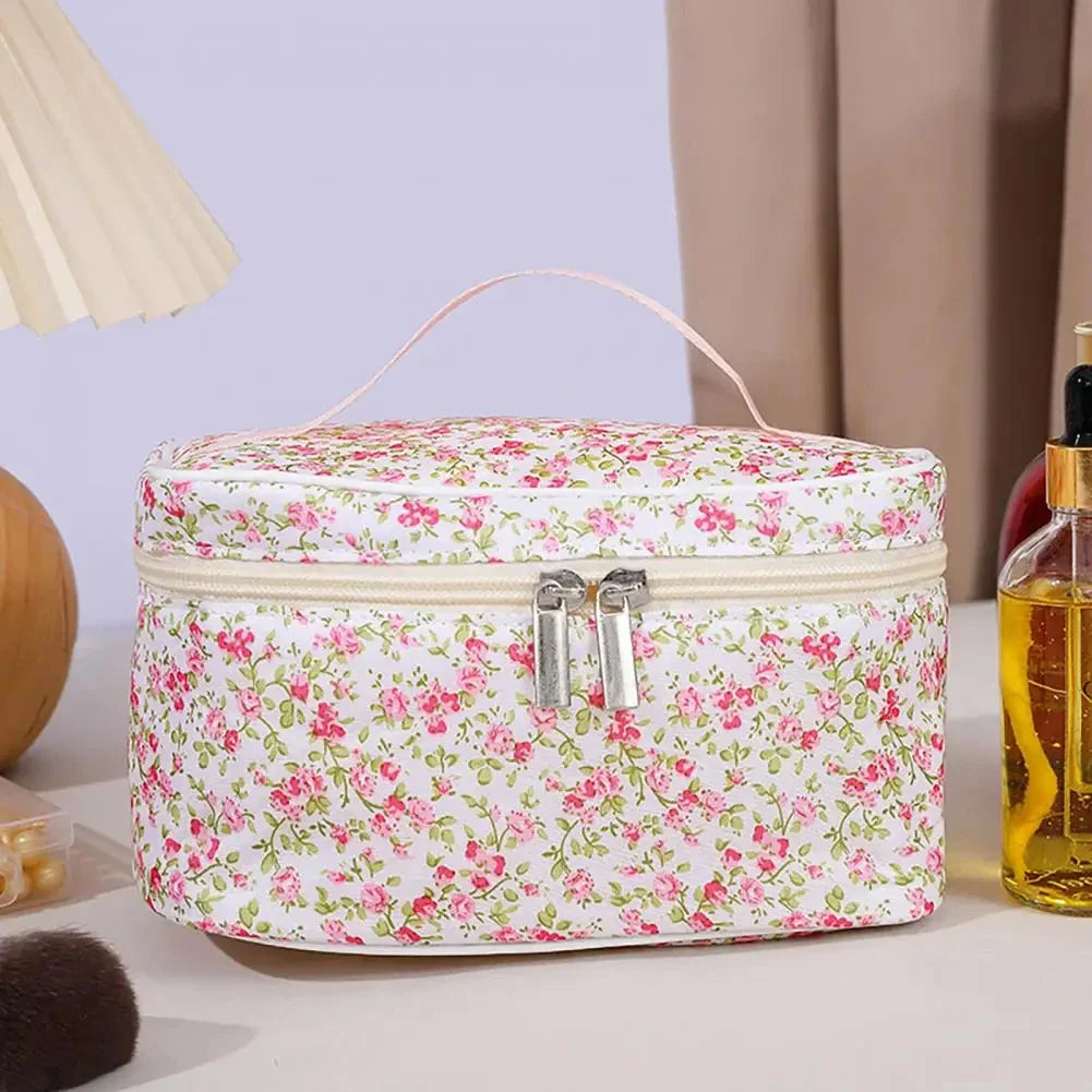 Cotton Floral Cosmetic Pouch – Dual Zipper Makeup Organizer, Portable Travel Storage & Wash Bag