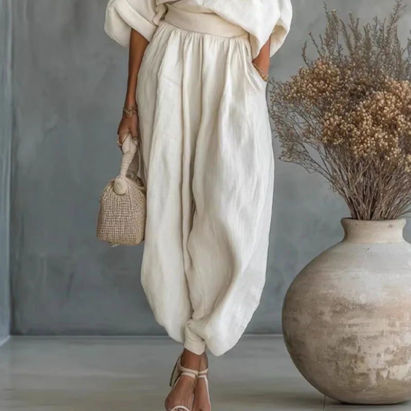 Women’s Elegant 2-Piece Set – Skew Collar Long Sleeve Top & Casual Pants, Sexy Hollow-Out Solid Outfit for Spring & Fall
