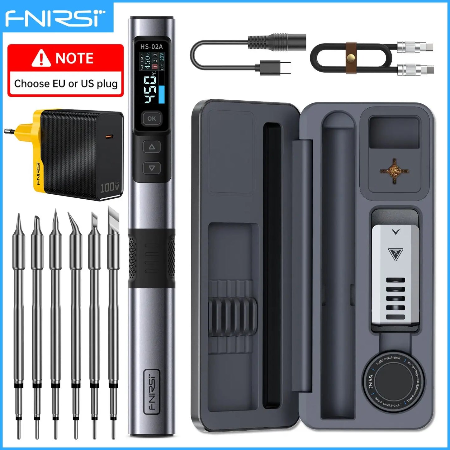 FNIRSI HS-02 Adjustable Temperature Soldering Iron – 20V 100–450℃ 100W Portable Welding & Repair Rework Station Tool