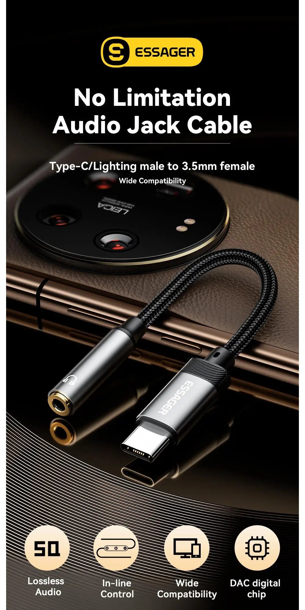 Essager 2-in-1 Audio Adapter – Lightning & USB-C to 3.5mm Jack for iPhone, Xiaomi, OnePlus, OTG Aux Cable