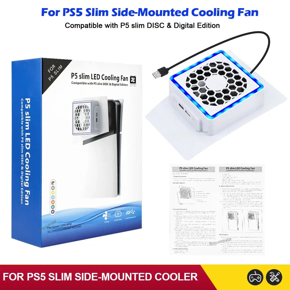 NEW Side-Mounted Cooling Fan for PS5 Slim – LED Light & 2 USB Ports Game Console Cooler Accessory