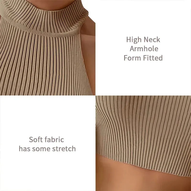 Y2K Chic: Women's Sleeveless Knit Halter Top - Slim Fitted Crop, Basics Solid Design, Turtleneck Ribbed Vest, High Neck Tank