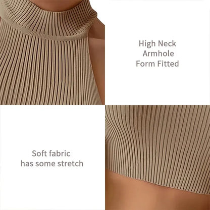 Y2K Chic: Women's Sleeveless Knit Halter Top - Slim Fitted Crop, Basics Solid Design, Turtleneck Ribbed Vest, High Neck Tank