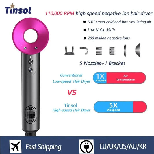 Professional Leafless Hair Dryer – Powerful Negative Ion Quick-Dry with 5 Attachments & Constant Anion Technology