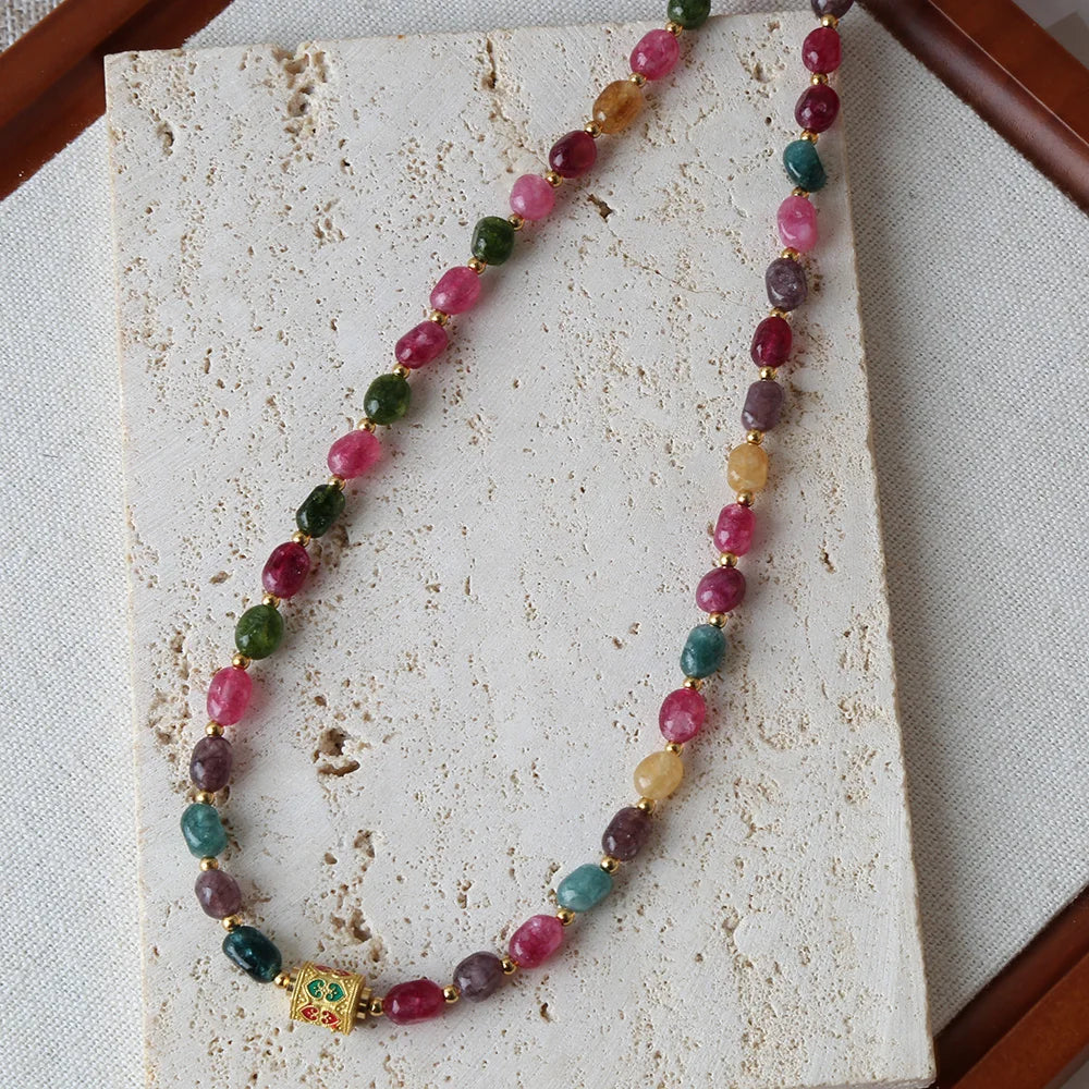 Bohemian Natural Tourmaline Beaded Necklace – Handmade with Stainless Steel Tibetan Pendant, Party Jewelry Gift