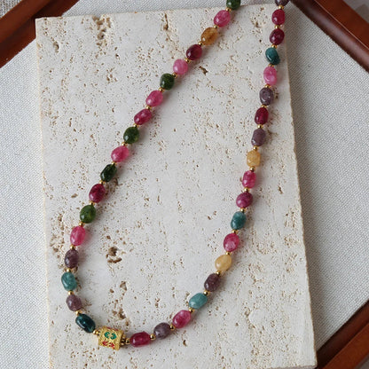 Bohemian Natural Tourmaline Beaded Necklace – Handmade with Stainless Steel Tibetan Pendant, Party Jewelry Gift
