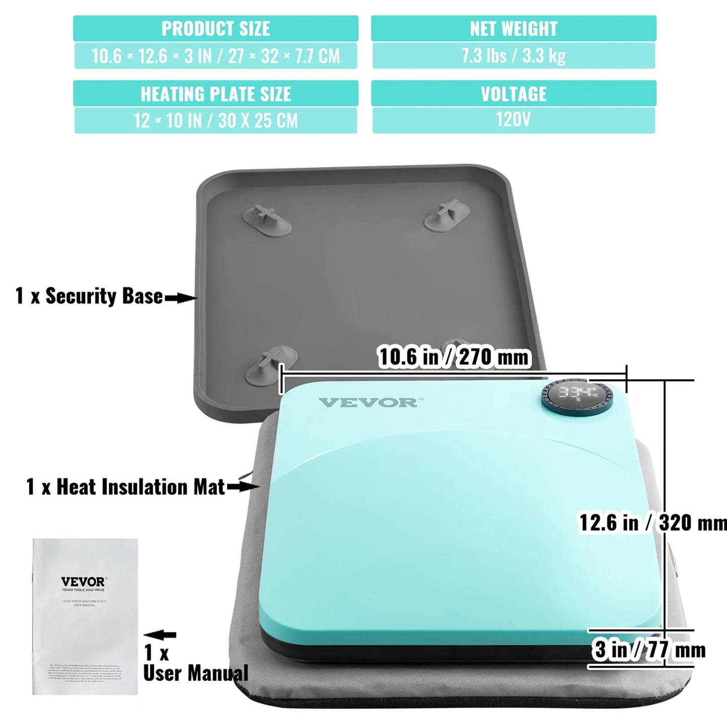 VEVOR Portable Heat Press Machine - 9x9/12x10 Inch, DIY Shirt Printing, Multifunctional Sublimation Transfer for HTV Vinyl, T-Shirt & Bag