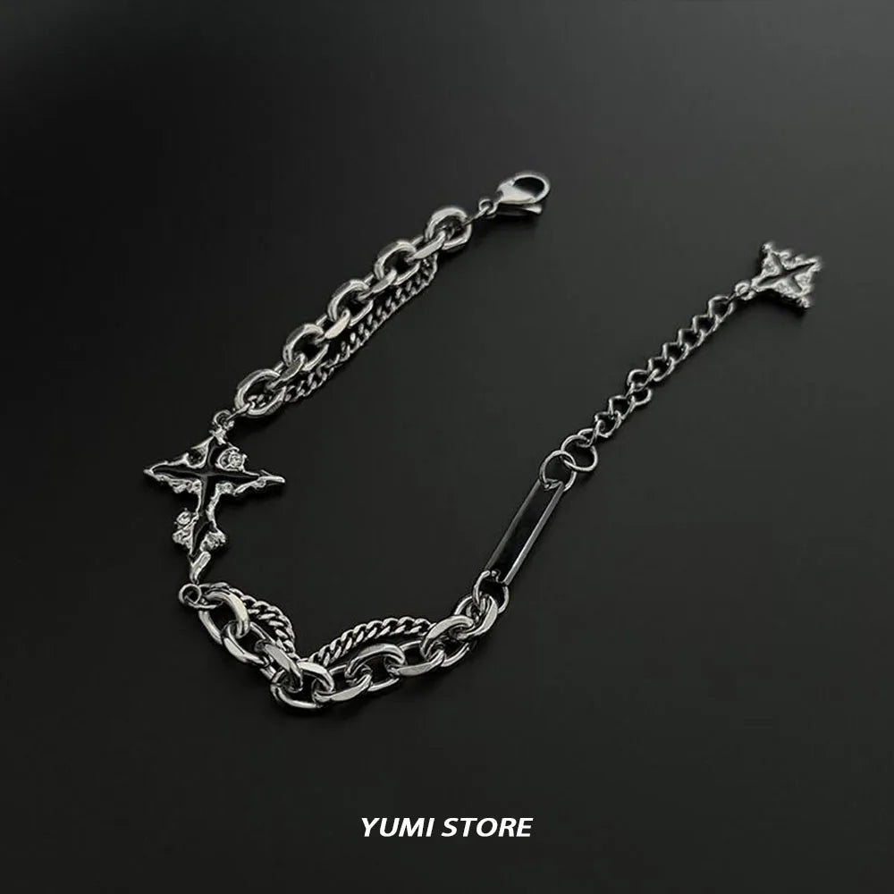 Retro Flame Cross Bracelet - Unisex Hip Hop Titanium Steel Splice Chain Charm, Kpop Luxury Jewelry for Men & Women