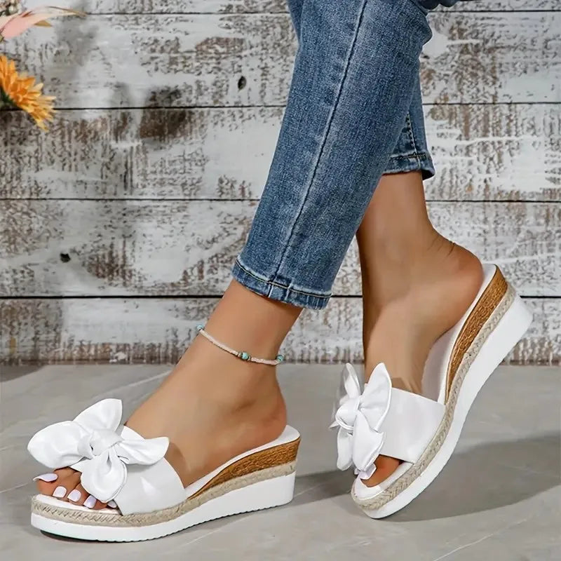 Women’s Bowknot Platform Sandals - Casual Solid Color Braided Strap Shoes