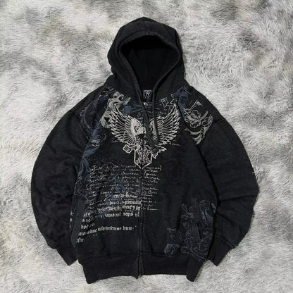 Y2K Harajuku Skull Embroidered Padded Coat - Vintage Hip Hop Faux Fur Collar Casual Couple Jacket