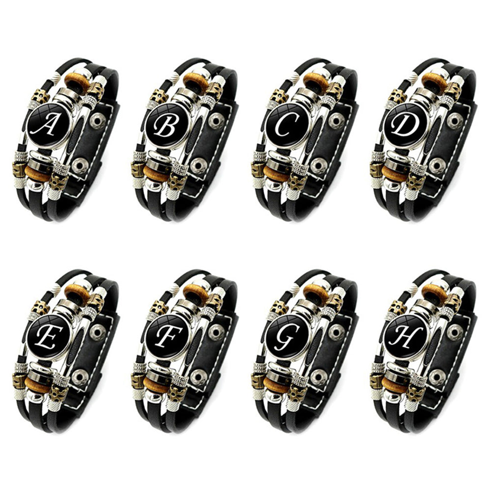 A-Z English Letters Leather Bracelet - 26 Initial Cabochon Glass Snap Wristband for Men & Women, Couple Gift
