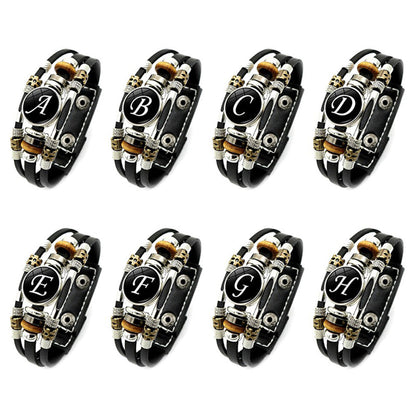 A-Z English Letters Leather Bracelet - 26 Initial Cabochon Glass Snap Wristband for Men & Women, Couple Gift