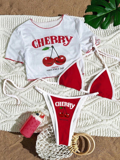 Cherry Print Bikini Set 2026 – Sexy 3-Piece Women’s Swimwear, Fresh Style Beach Bathing Suit, Available in 7 Colors (S–XL)