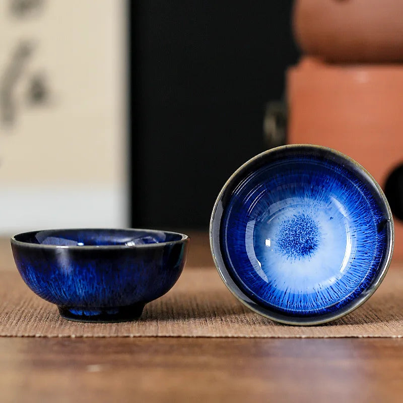 45ml Household Ceramic Teacup – Kiln Change Satin Blue Master Cup for Tea Tasting & Jianzhan Teahouse Teaware